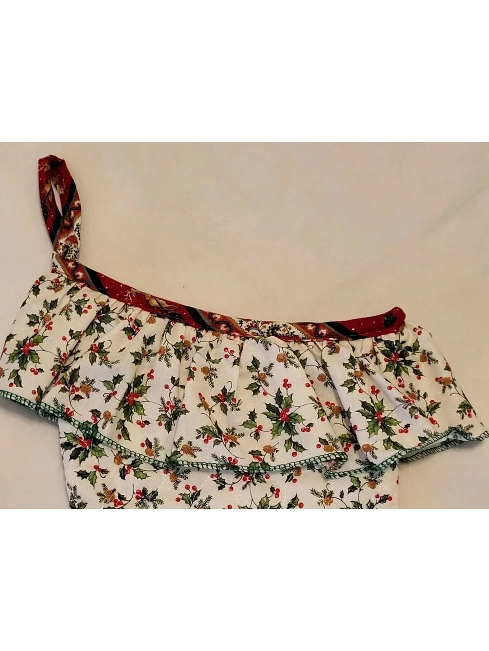 Vintage Handmade White Christmas Stocking Holiday Holly Pinecones Ruffles 22”